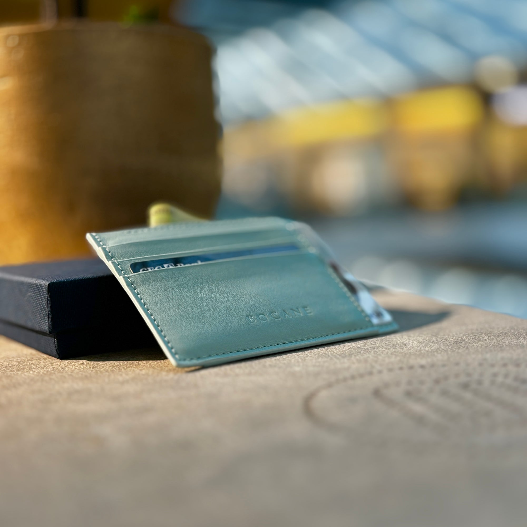Portcard din Piele Full Grain, Albastru Aqua