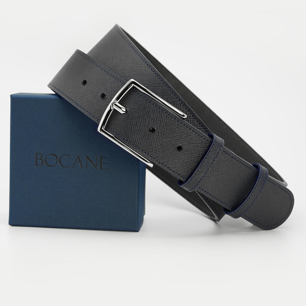 Curea din Piele Saffiano Albastru-Navy, Model Jeans