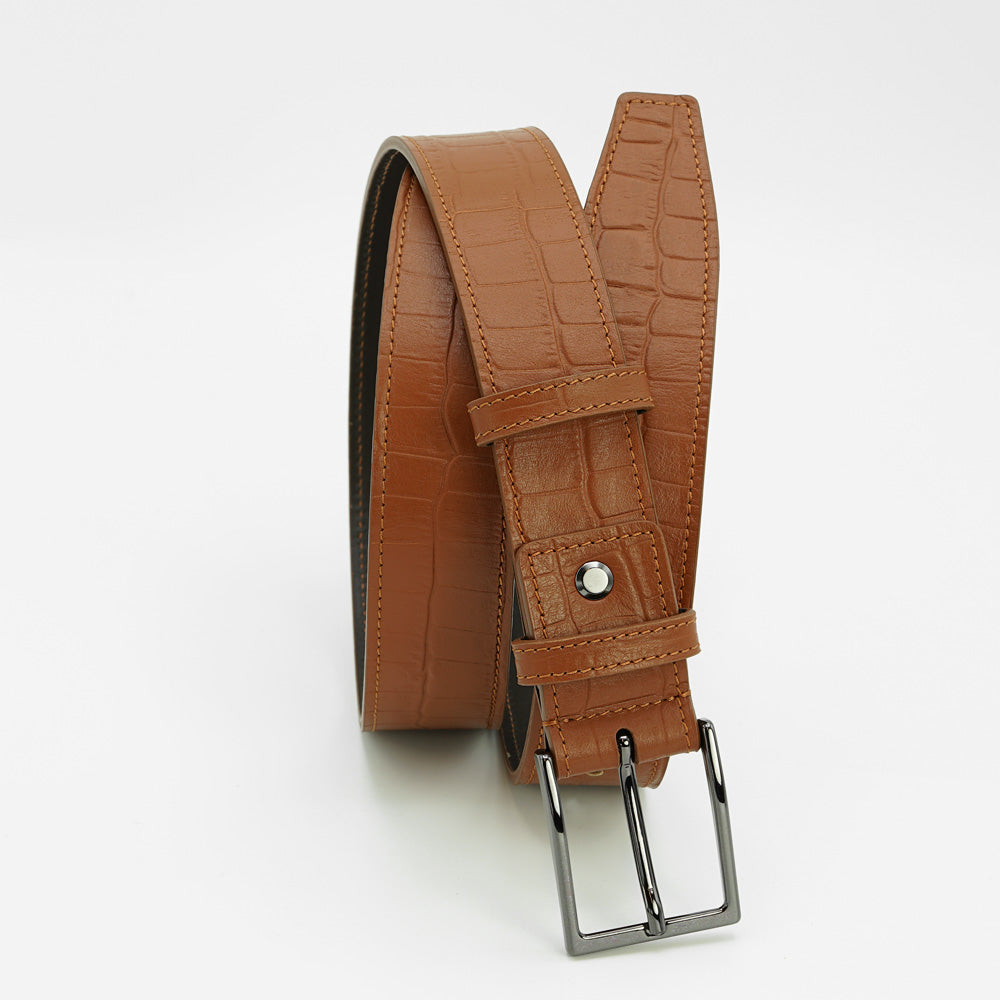 Curea din Piele cu Imprimeu Crocodil, Cognac, Model Elegant