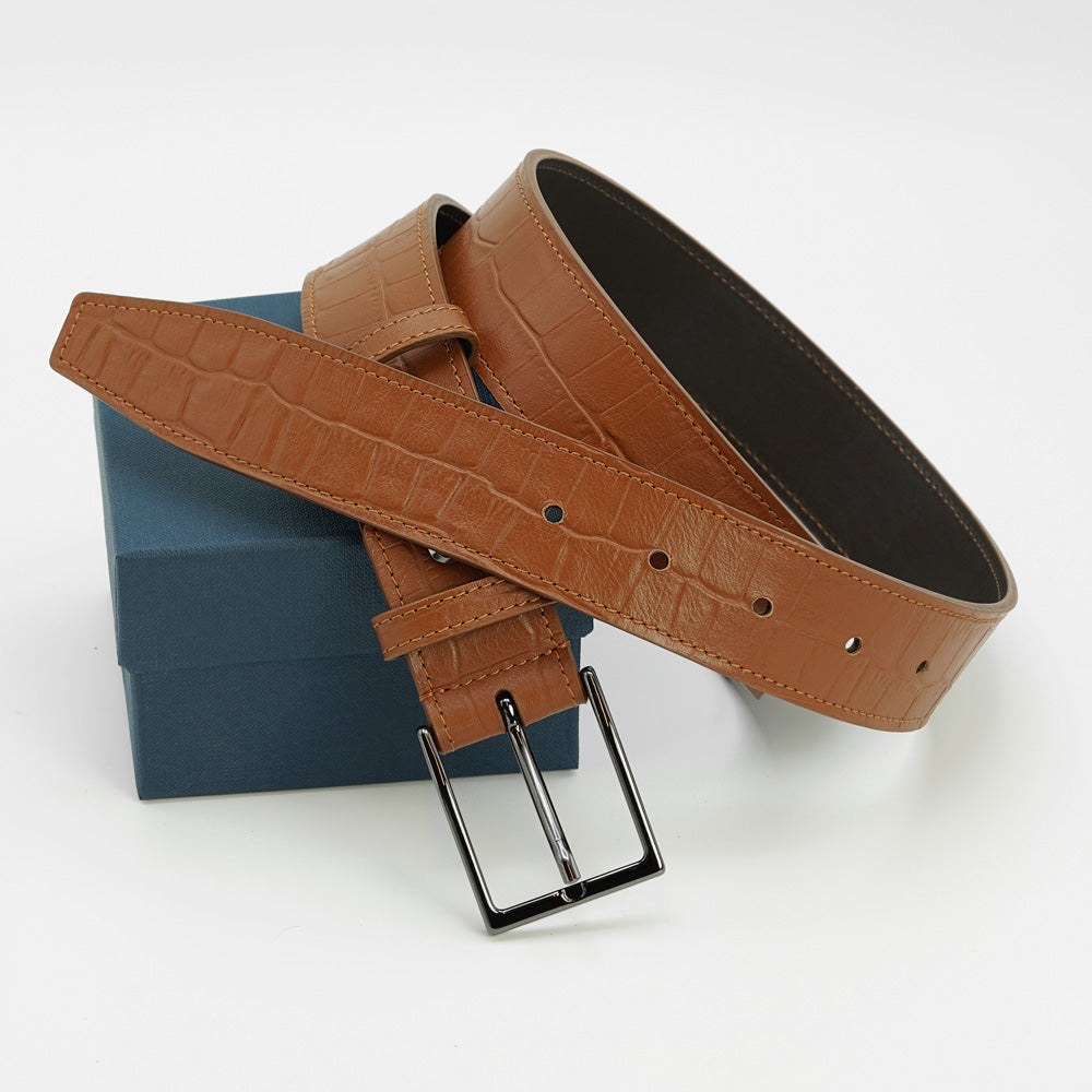 Curea din Piele cu Imprimeu Crocodil, Cognac, Model Elegant