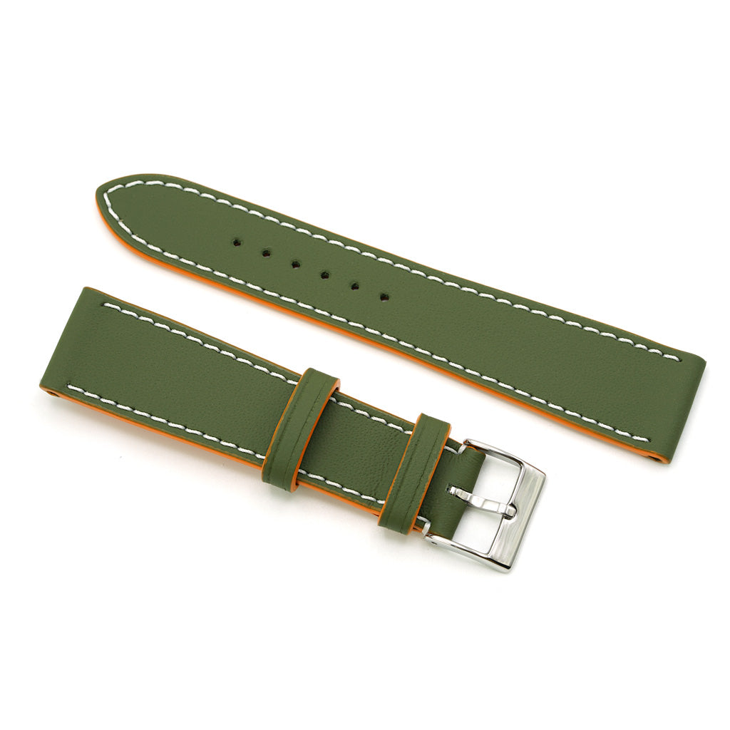 Curea de Ceas Colectia LeMans, Piele Verde Militar, Contrast Oranj