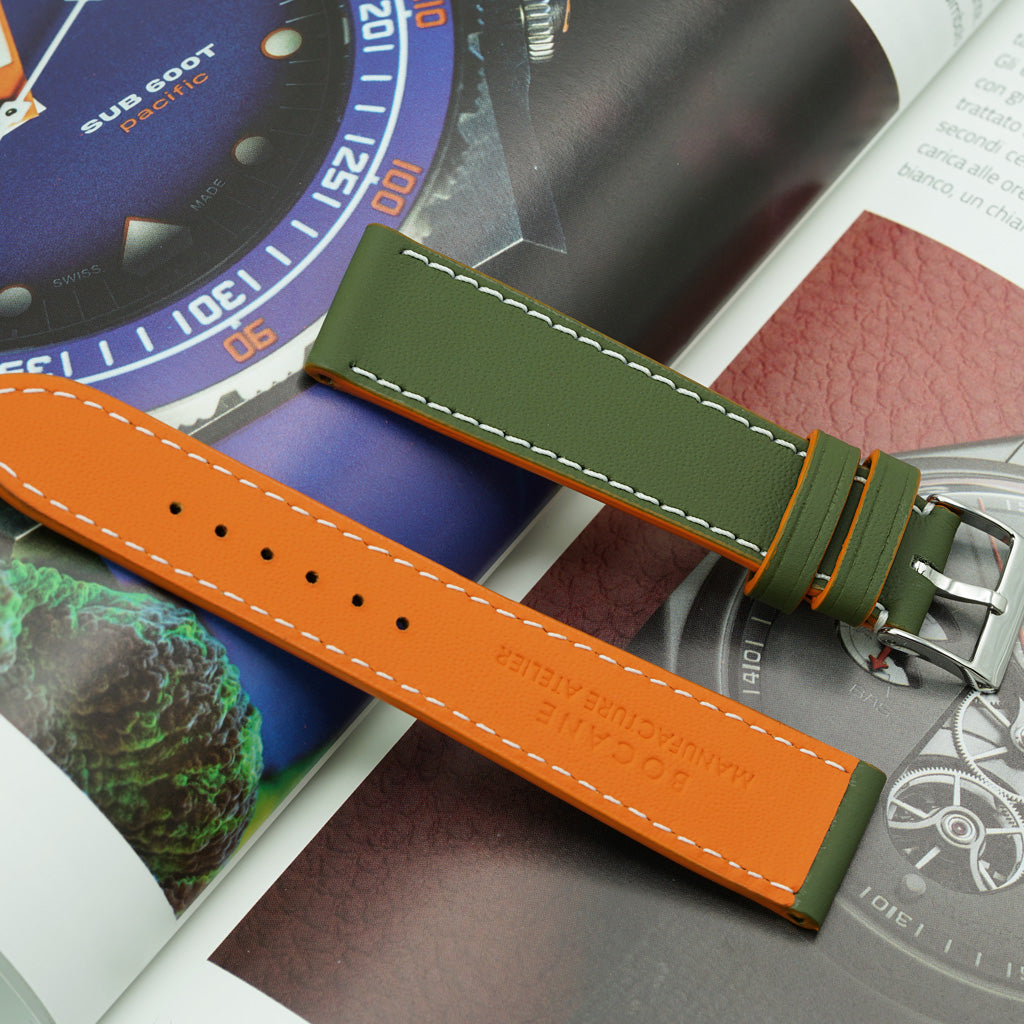 Curea de Ceas Colectia LeMans, Piele Verde Militar, Contrast Oranj