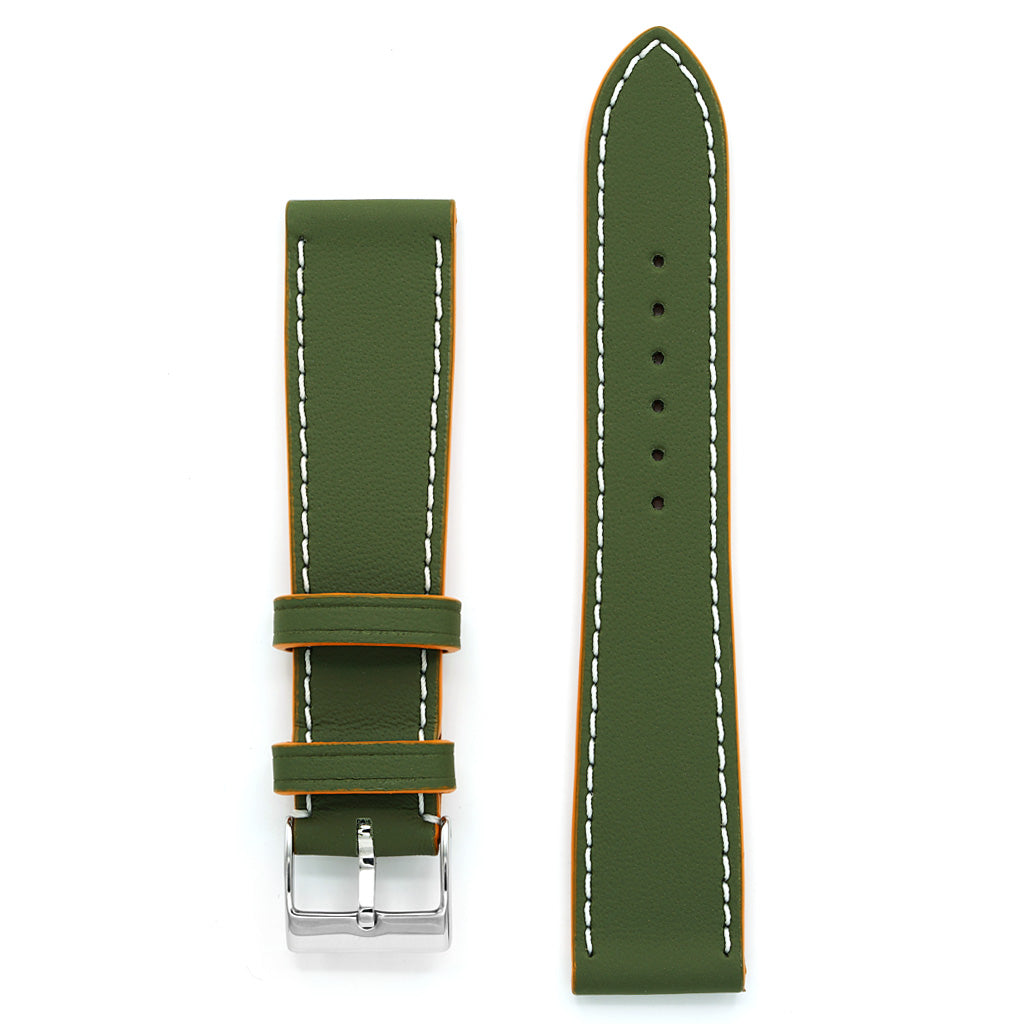 Curea de Ceas Colectia LeMans, Piele Verde Militar, Contrast Oranj