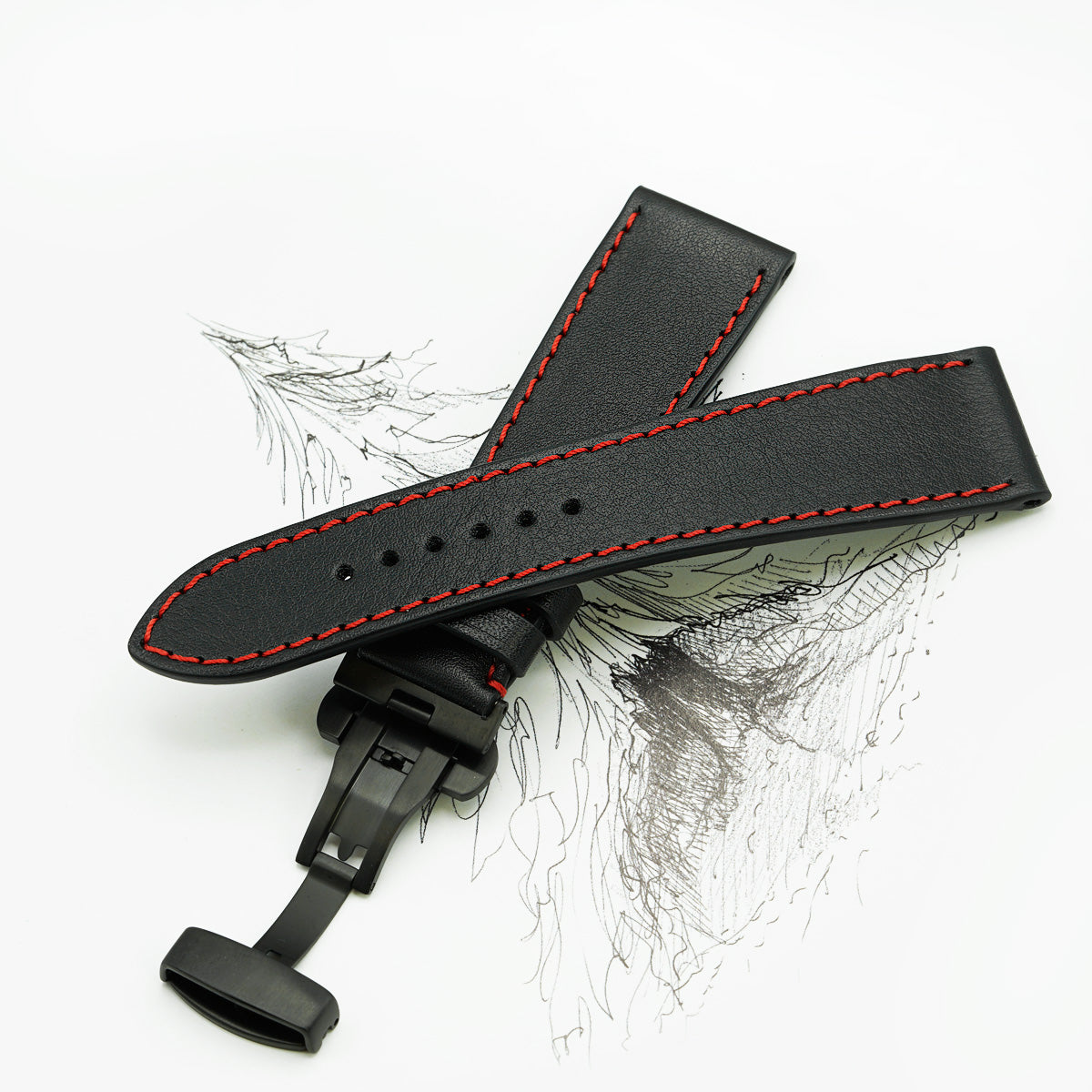 Handmade Watch Strap, Black Leather &amp; Red Sewing, Medium Length