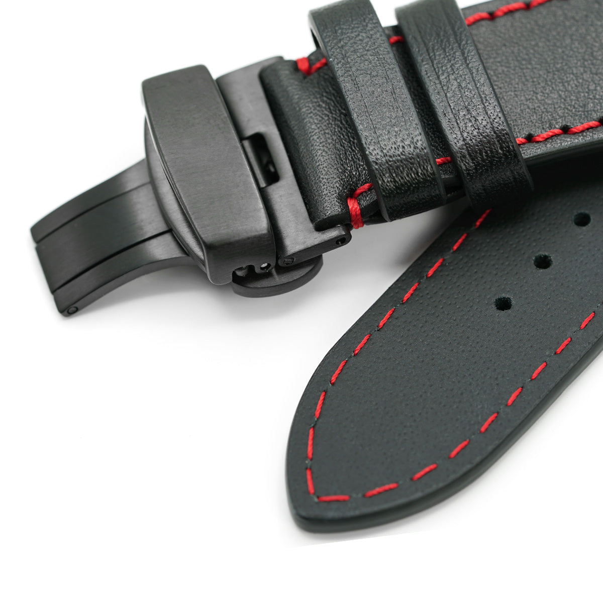 Handmade Watch Strap, Black Leather &amp; Red Sewing, Medium Length