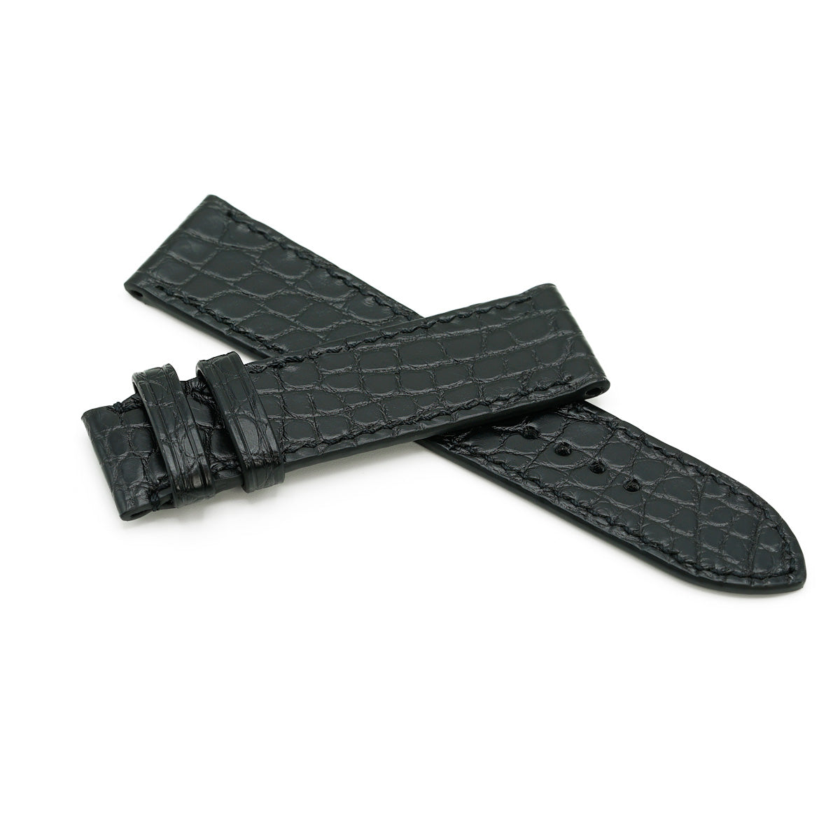 Curea de Ceas din Piele de Aligator, Solzi Rotunzi, Negru Semi-Mat, Cusatura Manuala