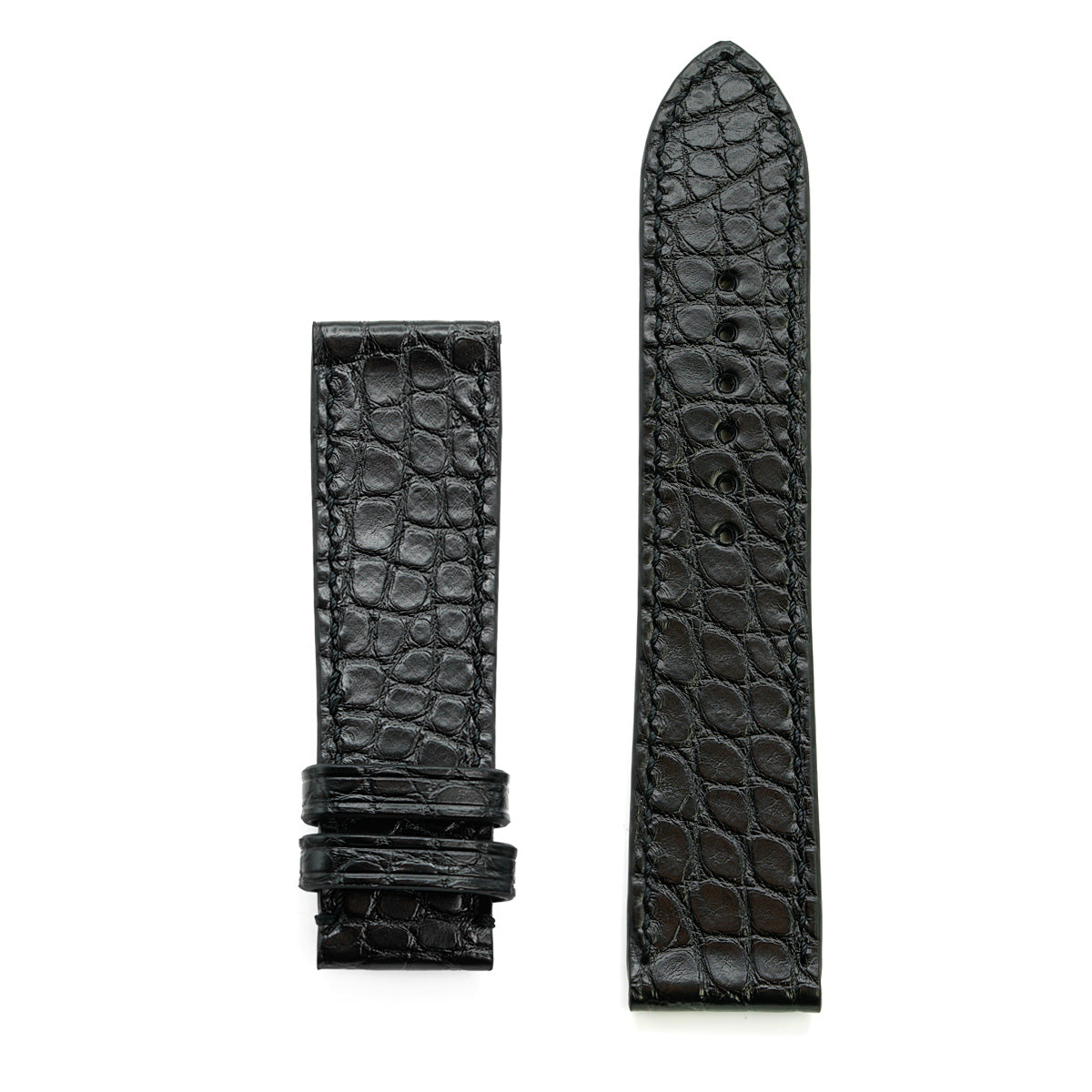 Curea de Ceas din Piele de Aligator, Solzi Rotunzi, Negru Semi-Mat, Cusatura Manuala