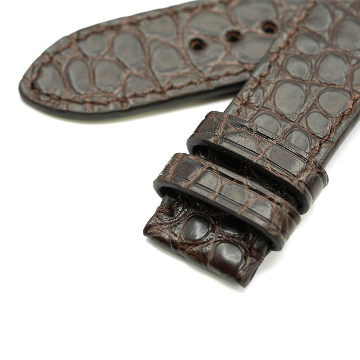 Curea de Ceas din Piele de Aligator, Solzi Rotunzi, Cafeniu Semi-Mat, Cusatura Manuala