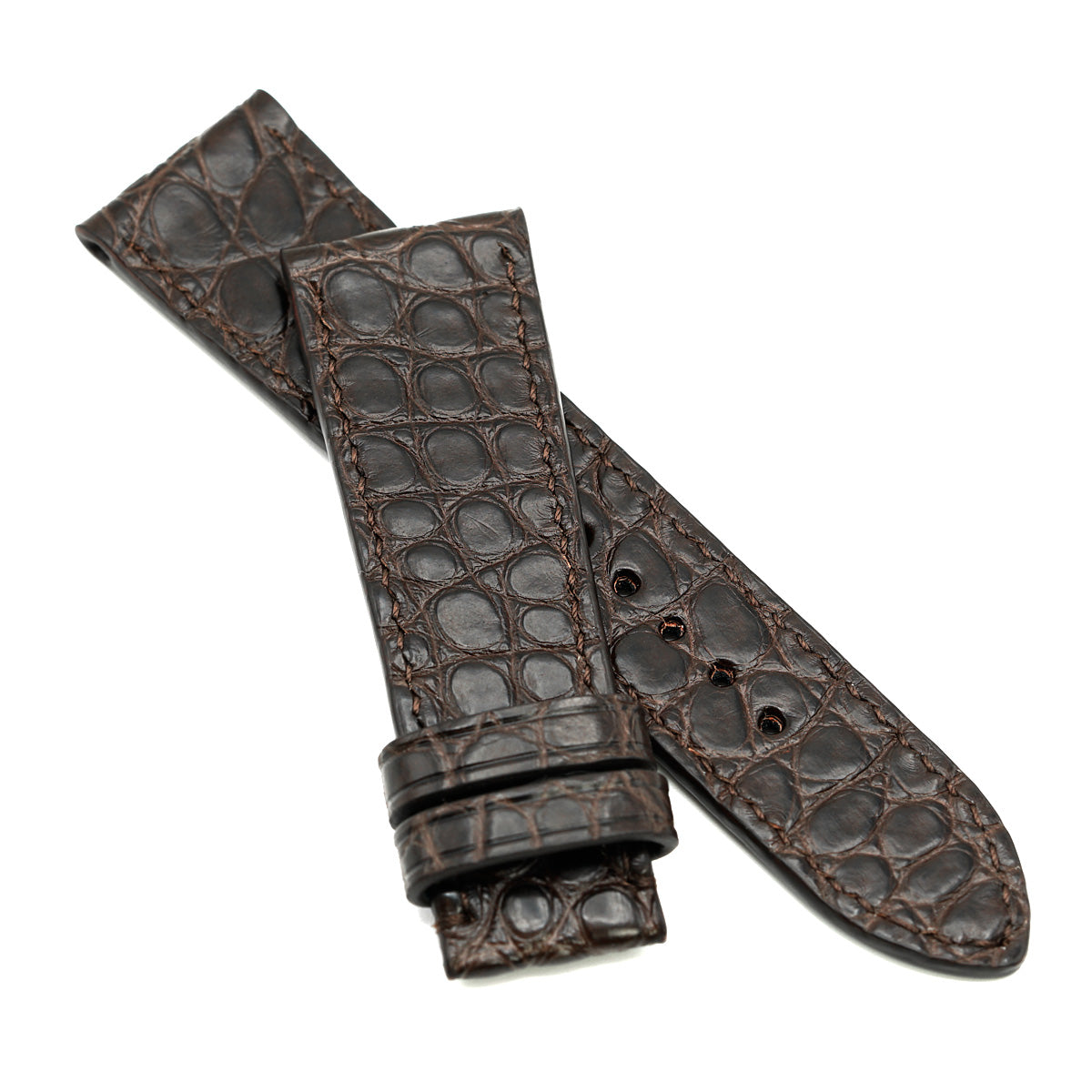 Curea de Ceas din Piele de Aligator, Solzi Rotunzi, Cafeniu Semi-Mat, Cusatura Manuala