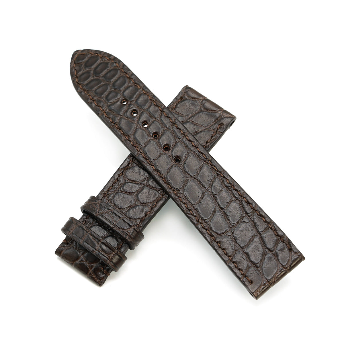 Curea de Ceas din Piele de Aligator, Solzi Rotunzi, Cafeniu Semi-Mat, Cusatura Manuala