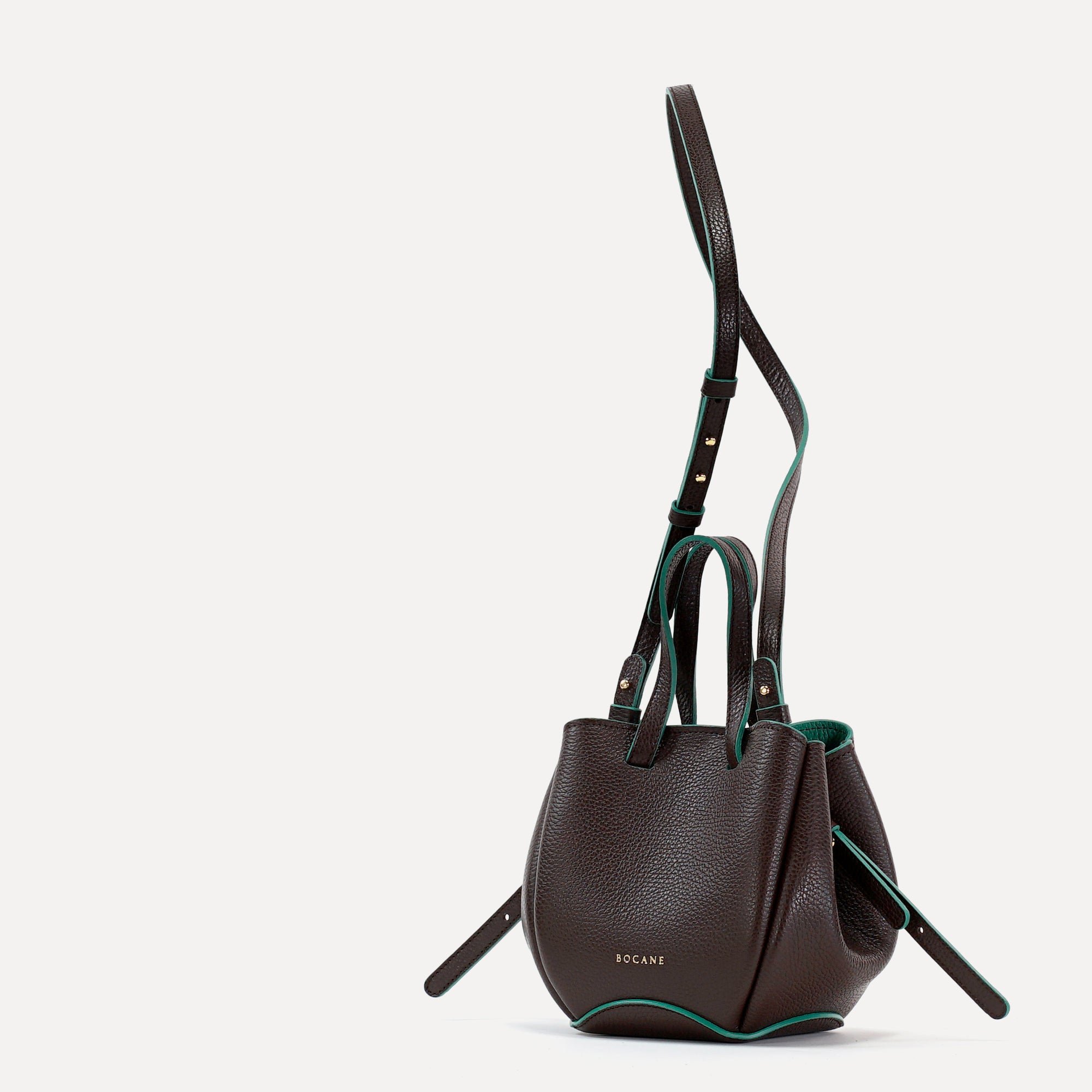 Geanta Bijou Pétale, Piele Texturata, Ciocolata, Contrast Emerald