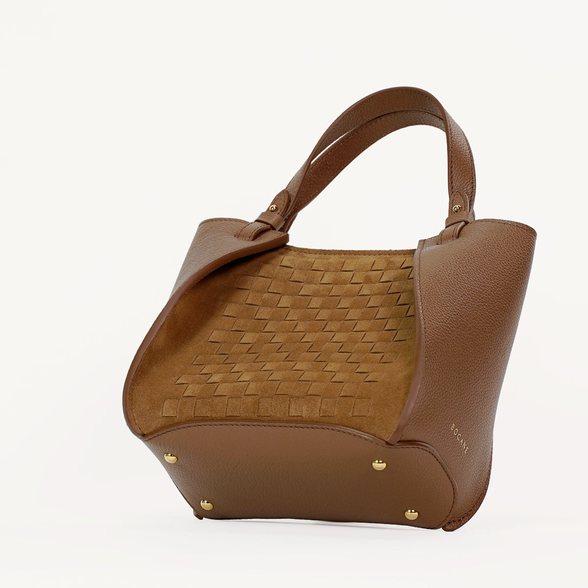 Amarante Mini Bag, Woven Suede and Textured Leather, Cognac