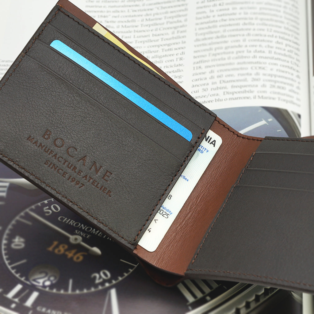 Portofel Slim din Piele Saffiano Cafenie, Contrast Cognac