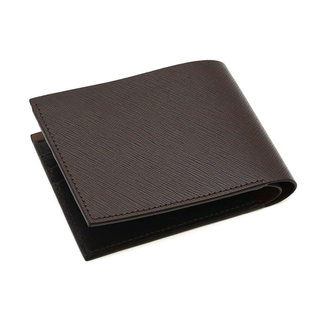 Portofel Slim din Piele Saffiano Cafenie, Contrast Cognac